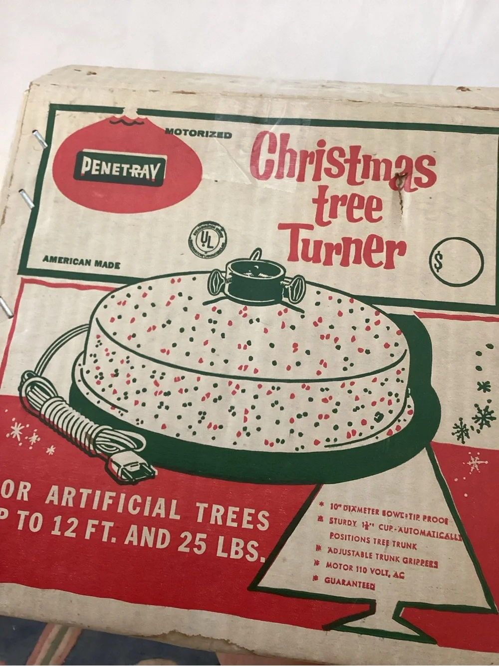 Vintage Working White Speckled Christmas Tree Turner in Box Holiday Core, Retro
